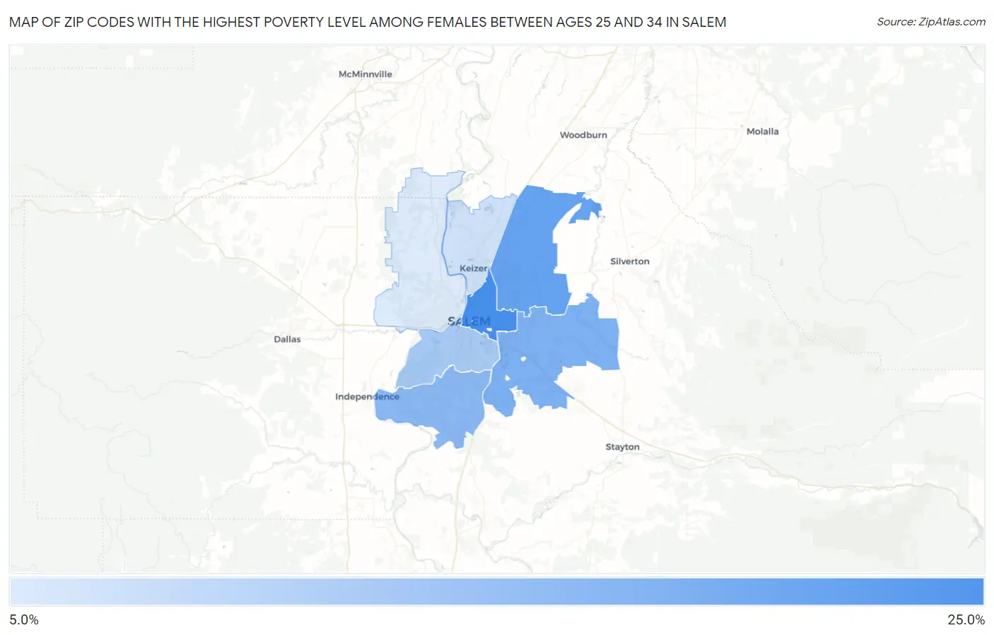 Zip Codes with the Highest Poverty Level Among Females Between Ages 25 and 34 in Salem Map
