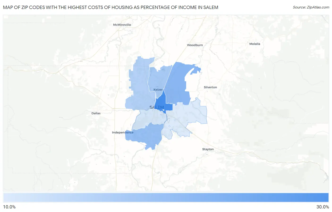 Zip Codes with the Highest Costs of Housing as Percentage of Income in Salem Map