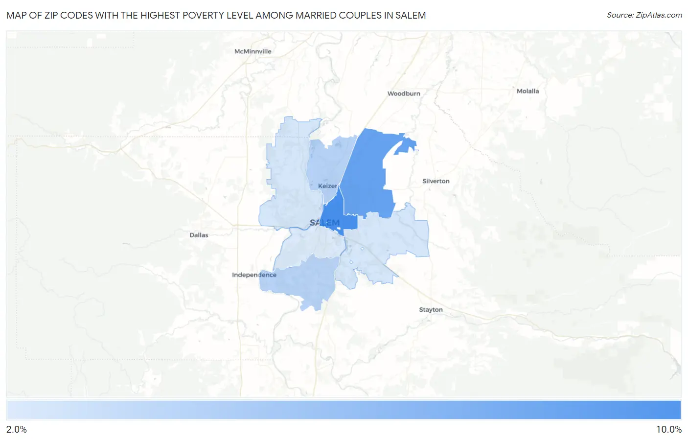 Zip Codes with the Highest Poverty Level Among Married Couples in Salem Map