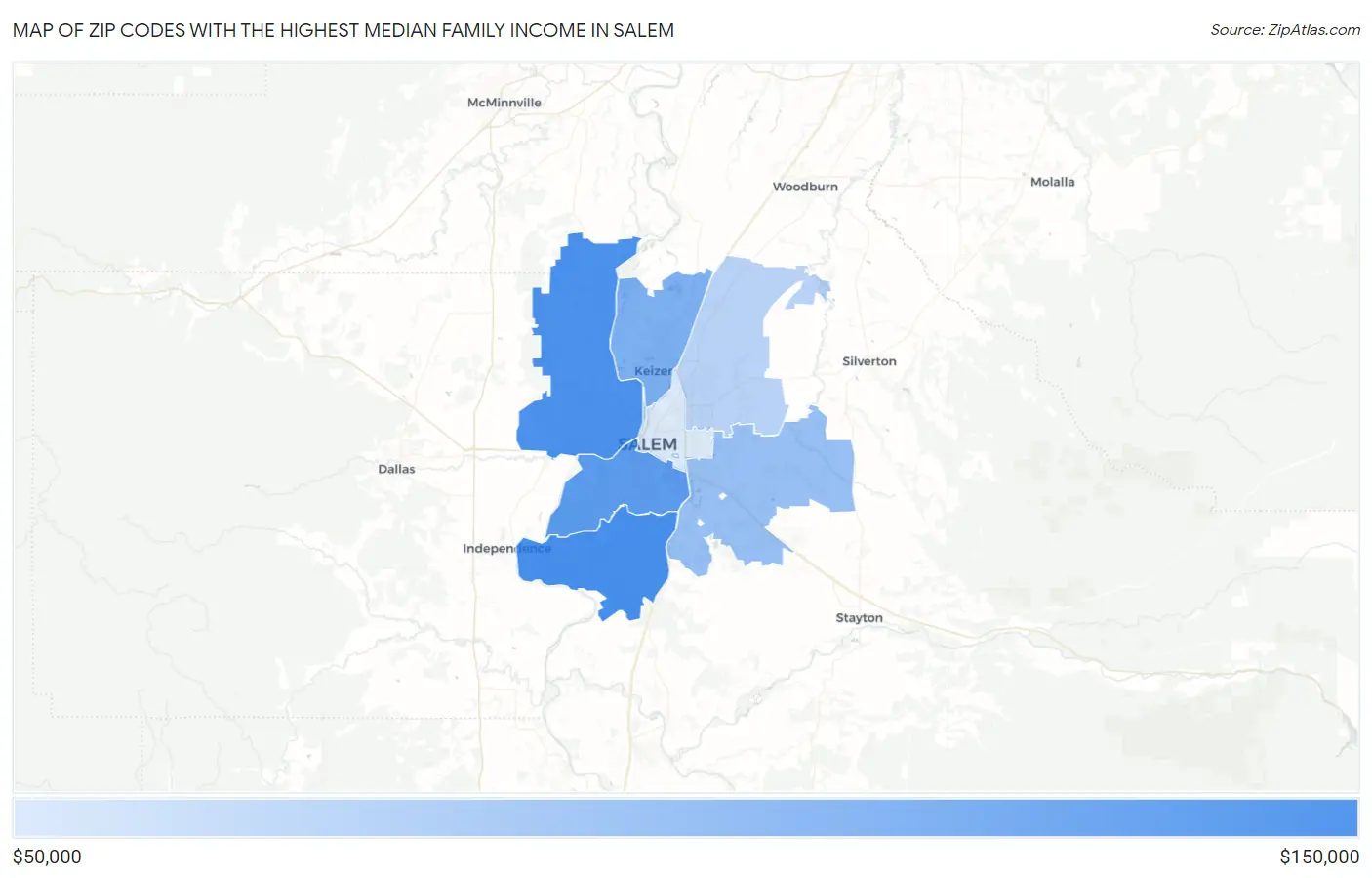Zip Codes with the Highest Median Family Income in Salem Map