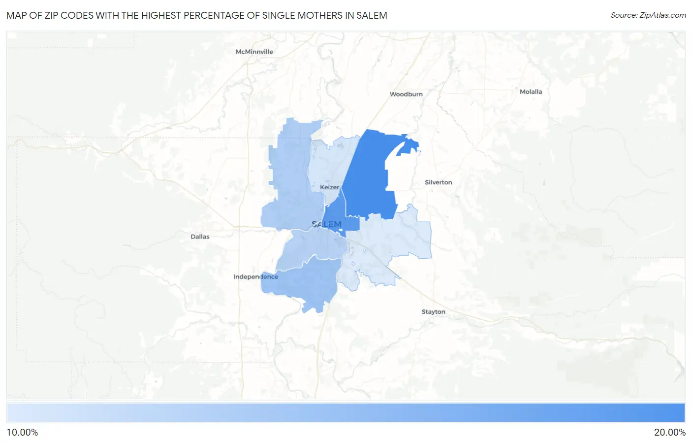 Zip Codes with the Highest Percentage of Single Mothers in Salem Map