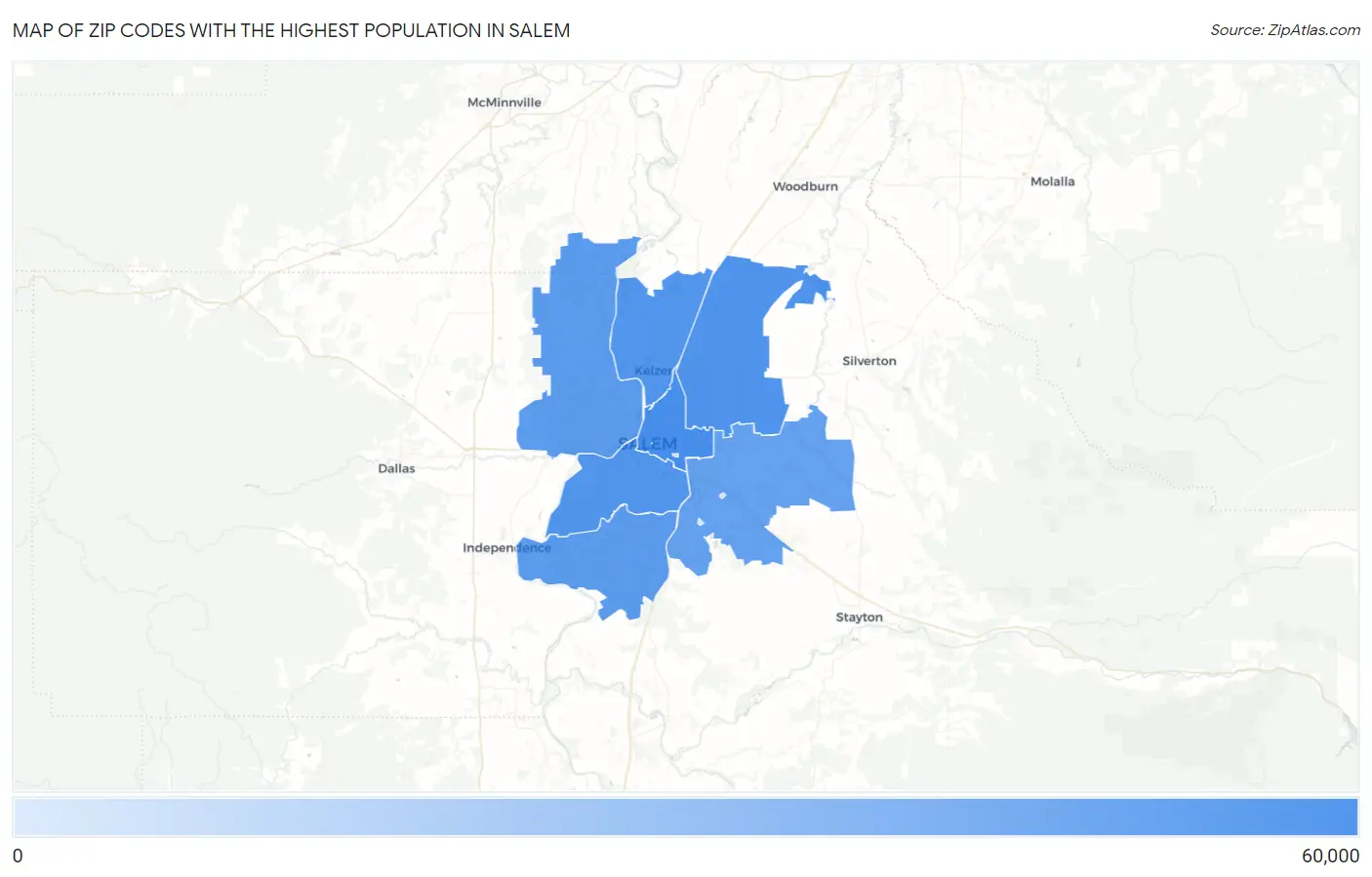 Zip Codes with the Highest Population in Salem Map
