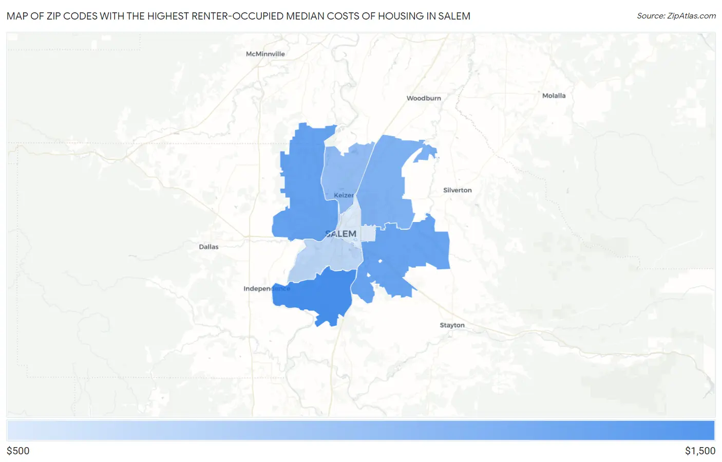 Zip Codes with the Highest Renter-Occupied Median Costs of Housing in Salem Map