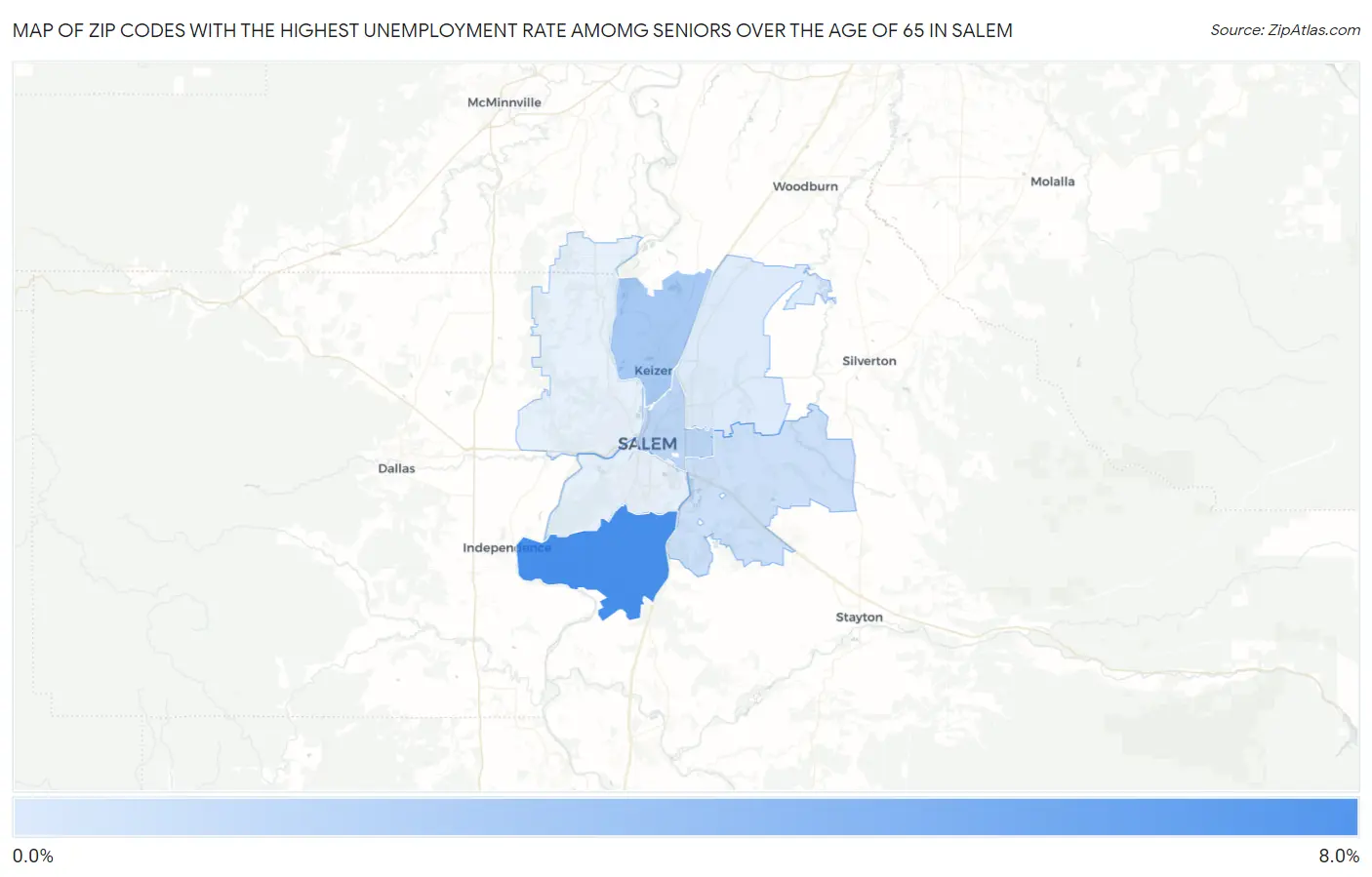 Zip Codes with the Highest Unemployment Rate Amomg Seniors Over the Age of 65 in Salem Map