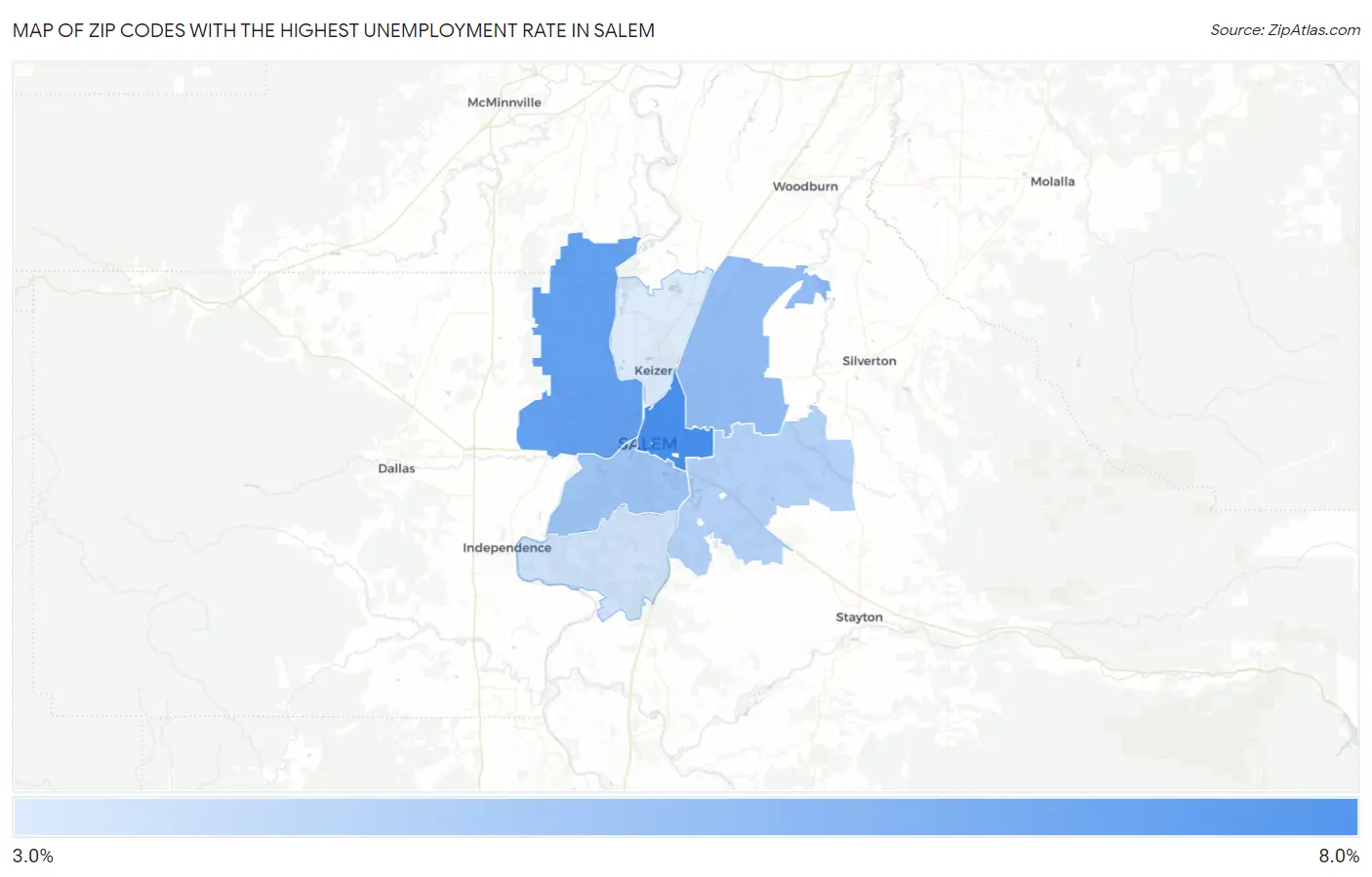 Zip Codes with the Highest Unemployment Rate in Salem Map