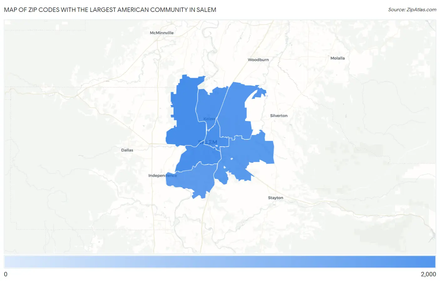 Zip Codes with the Largest American Community in Salem Map