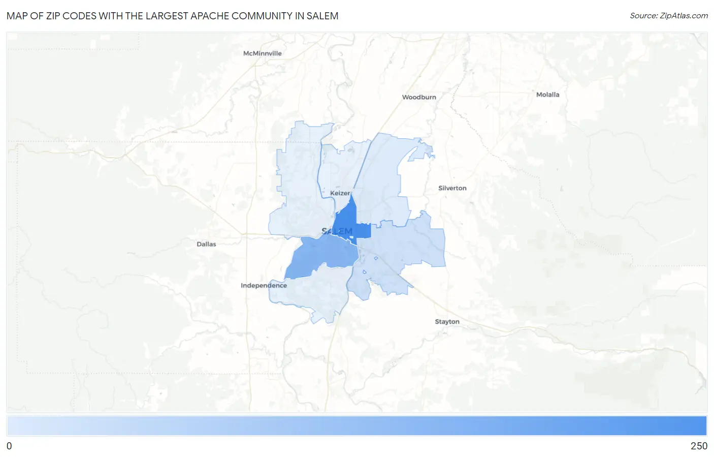 Zip Codes with the Largest Apache Community in Salem Map