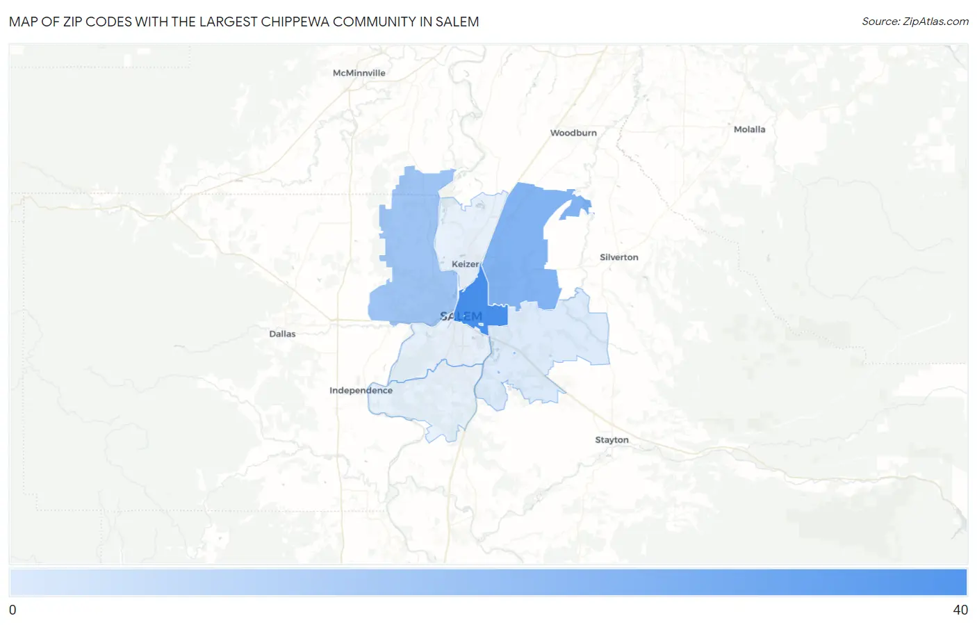 Zip Codes with the Largest Chippewa Community in Salem Map