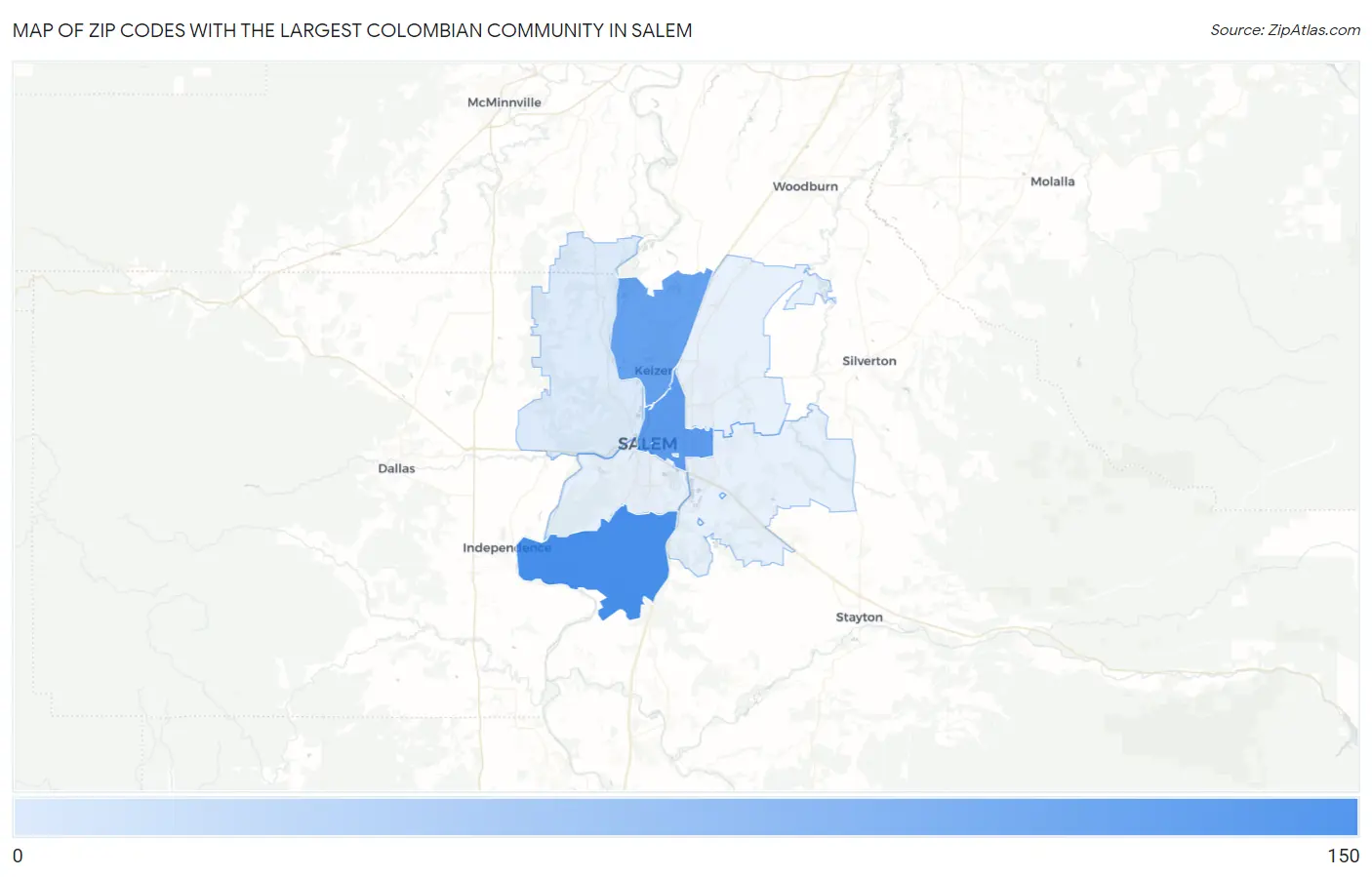 Zip Codes with the Largest Colombian Community in Salem Map