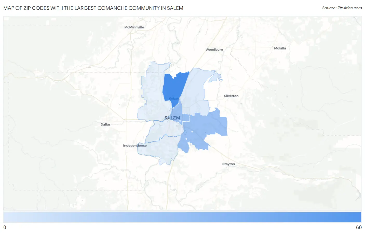 Zip Codes with the Largest Comanche Community in Salem Map