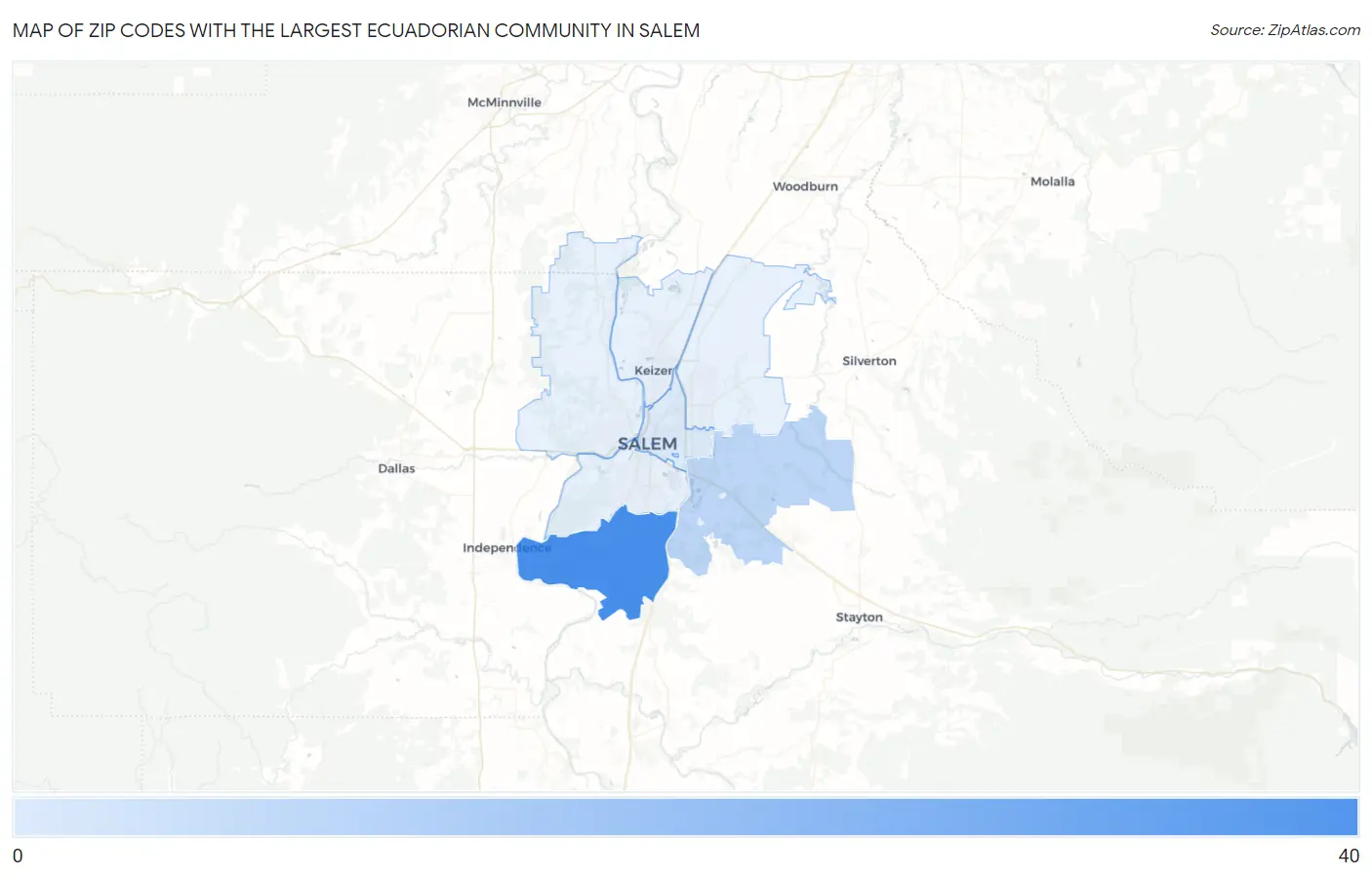 Zip Codes with the Largest Ecuadorian Community in Salem Map
