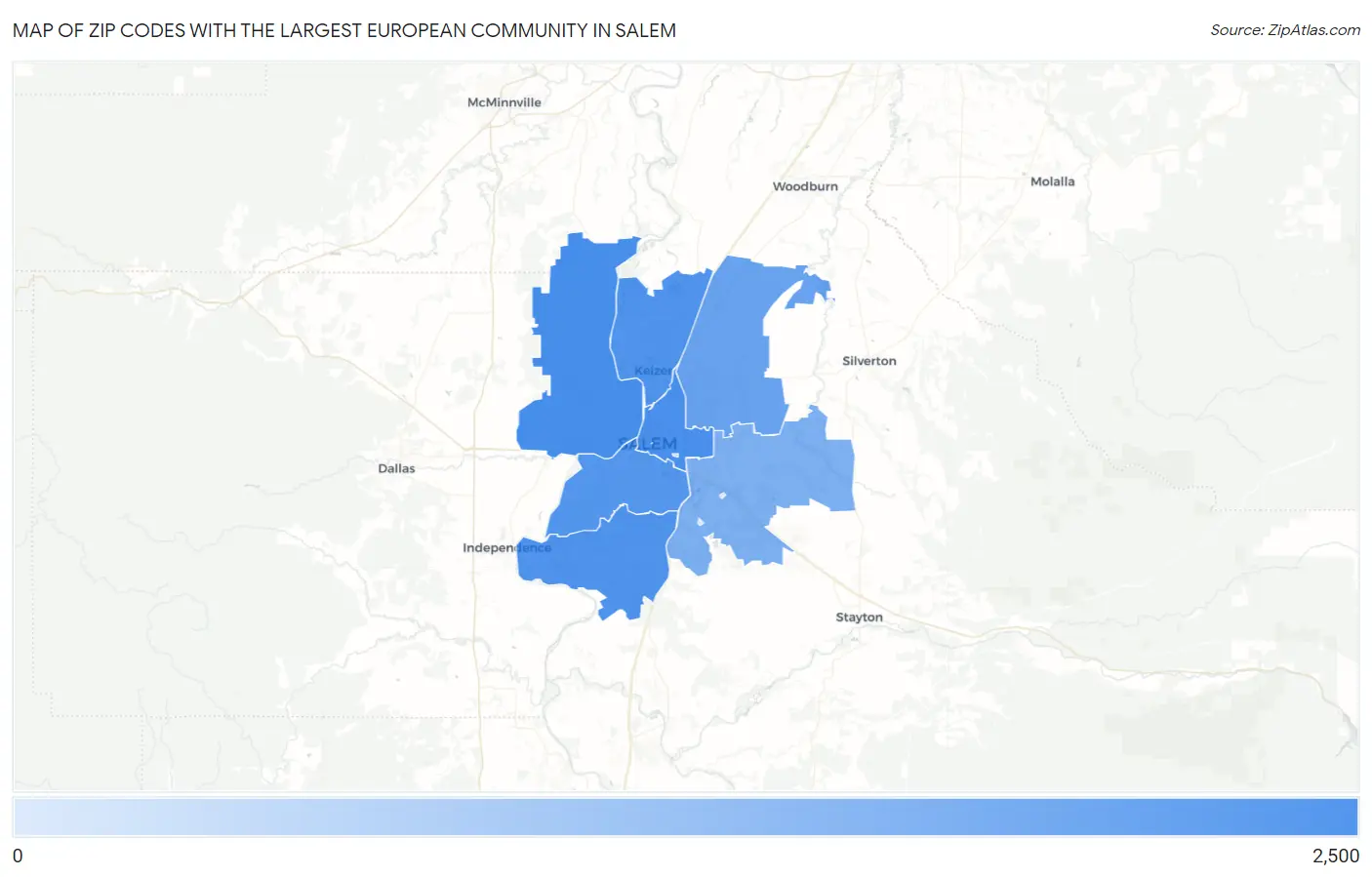 Zip Codes with the Largest European Community in Salem Map