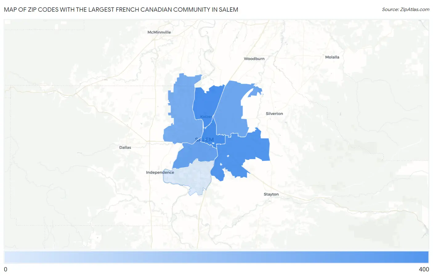 Zip Codes with the Largest French Canadian Community in Salem Map