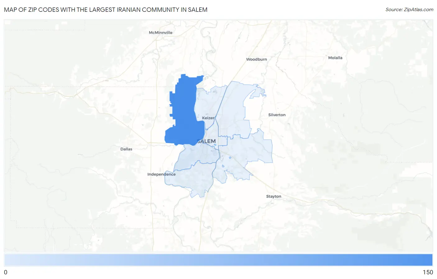 Zip Codes with the Largest Iranian Community in Salem Map