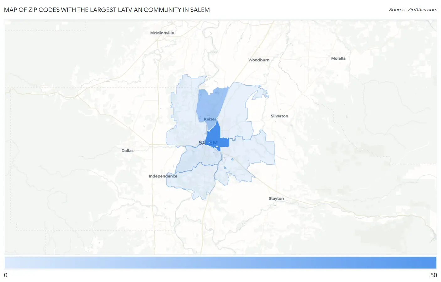 Zip Codes with the Largest Latvian Community in Salem Map