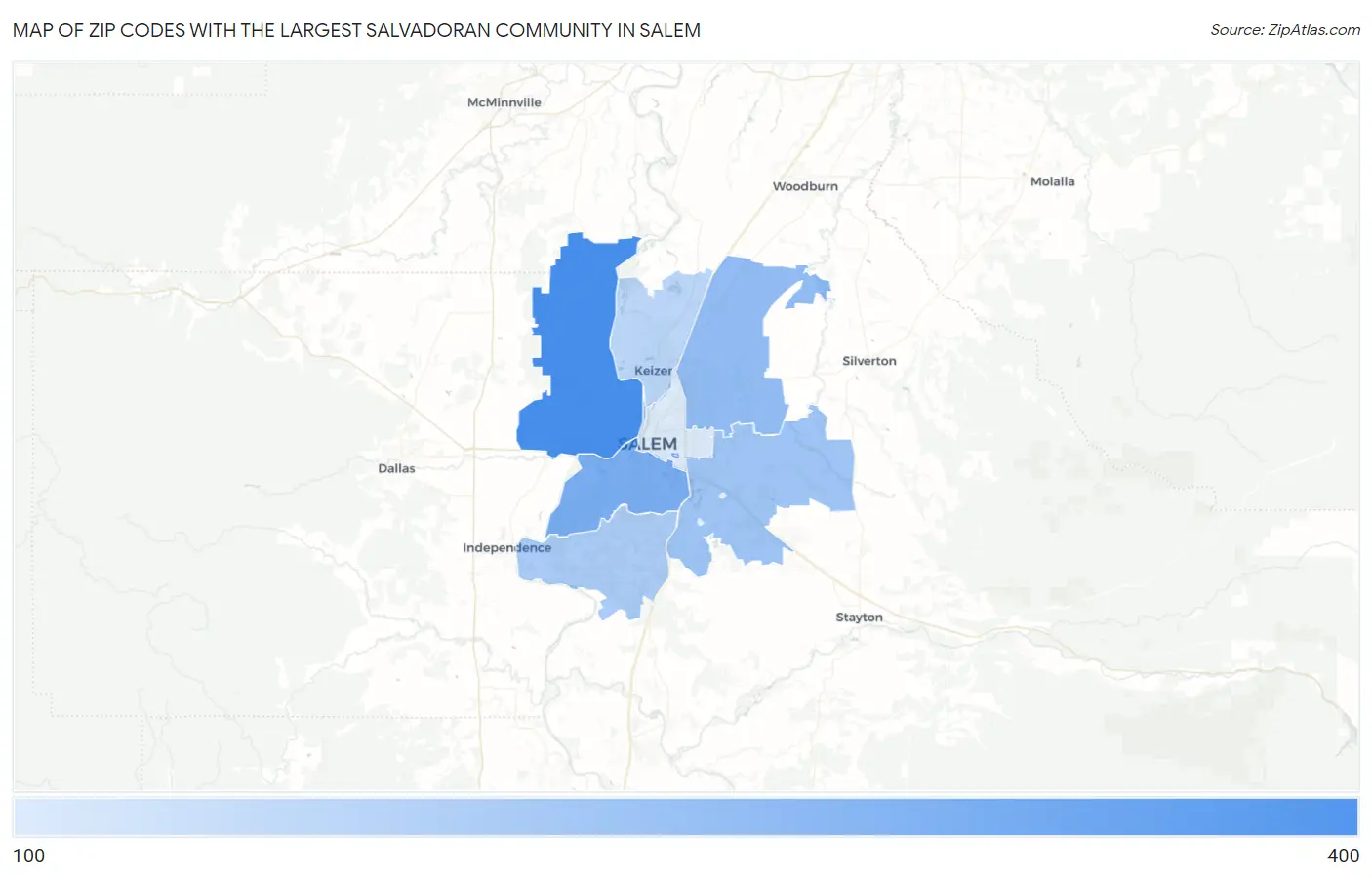 Zip Codes with the Largest Salvadoran Community in Salem Map