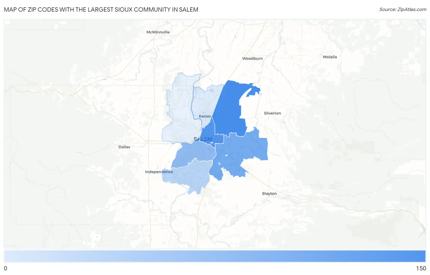 Zip Codes with the Largest Sioux Community in Salem Map