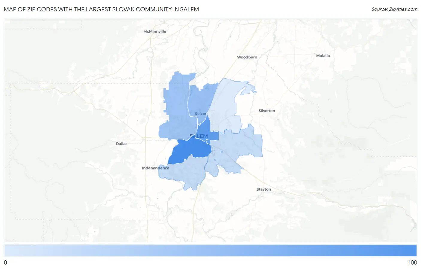 Zip Codes with the Largest Slovak Community in Salem Map