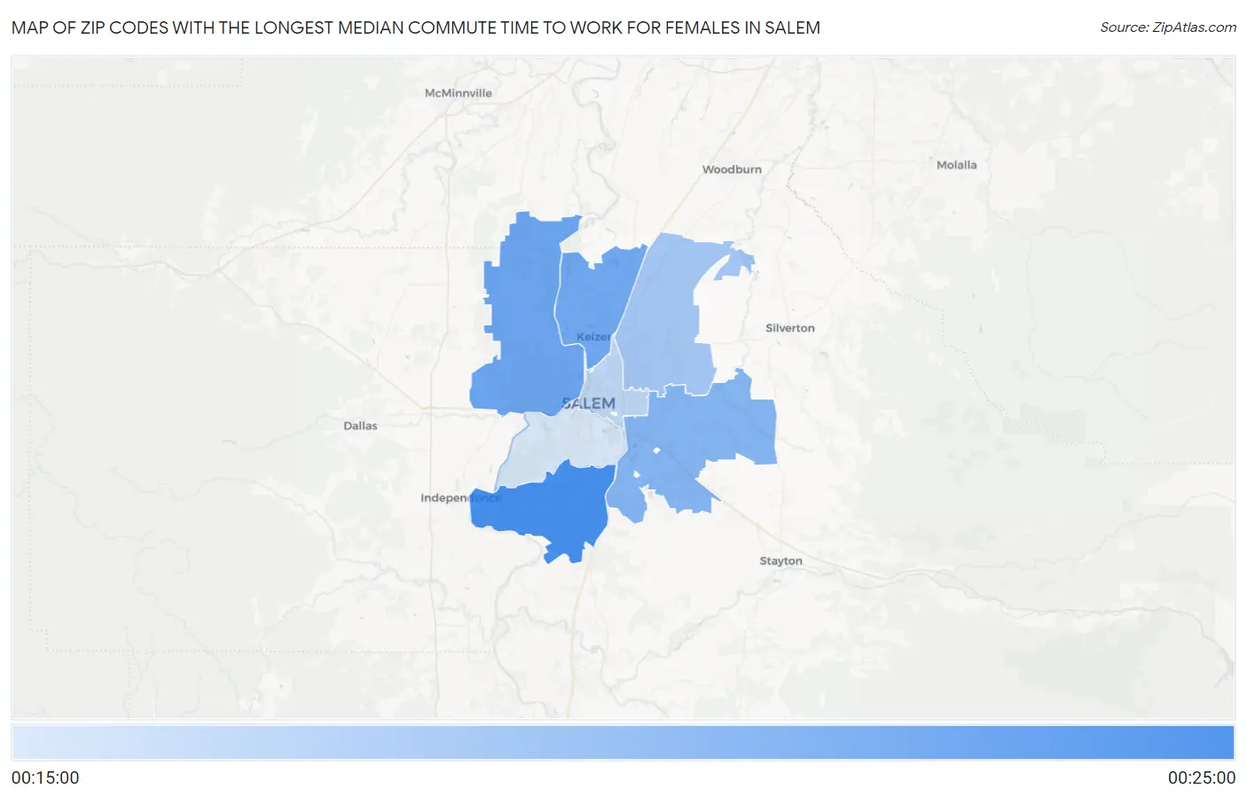 Zip Codes with the Longest Median Commute Time to Work for Females in Salem Map