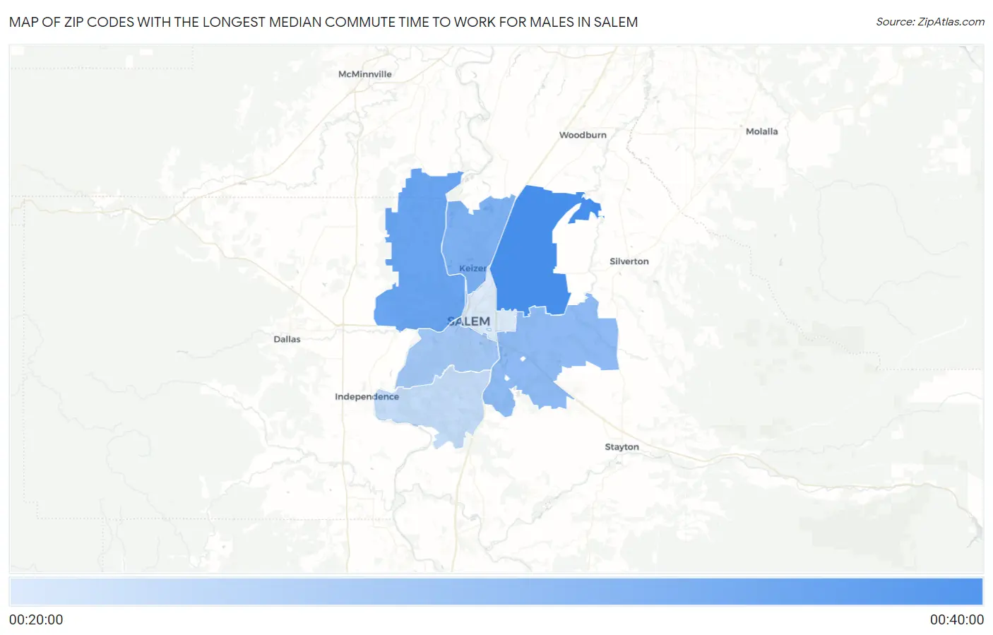 Zip Codes with the Longest Median Commute Time to Work for Males in Salem Map
