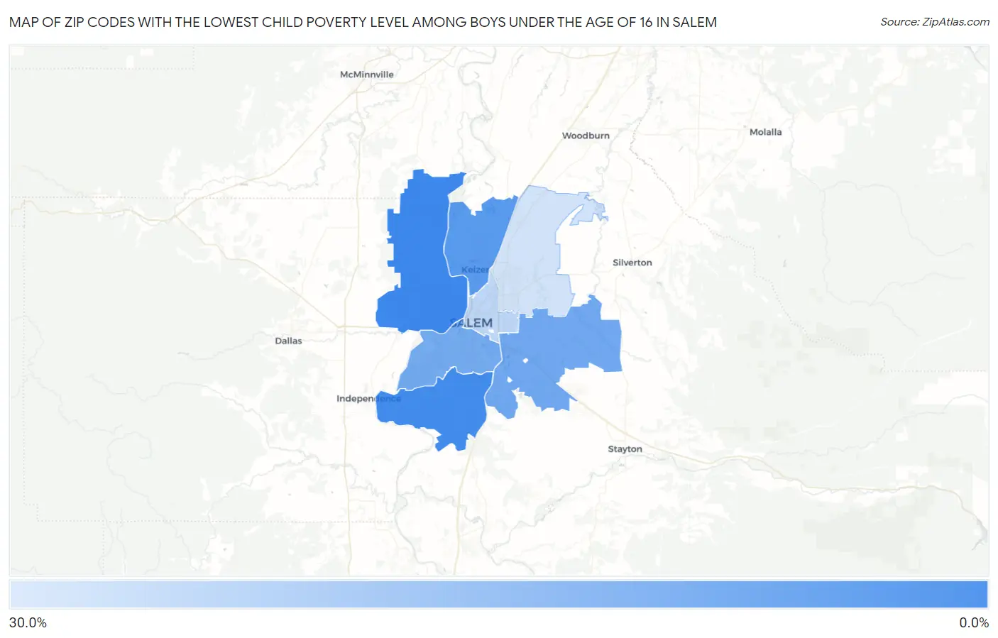Zip Codes with the Lowest Child Poverty Level Among Boys Under the Age of 16 in Salem Map
