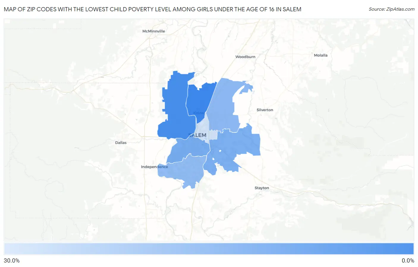 Zip Codes with the Lowest Child Poverty Level Among Girls Under the Age of 16 in Salem Map