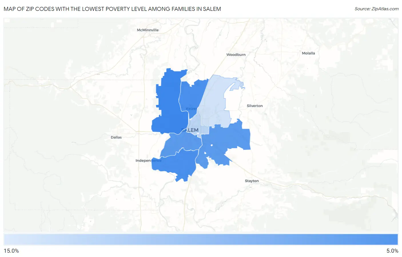 Zip Codes with the Lowest Poverty Level Among Families in Salem Map