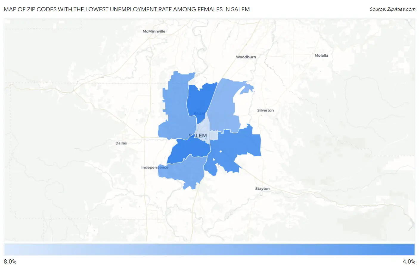 Zip Codes with the Lowest Unemployment Rate Among Females in Salem Map