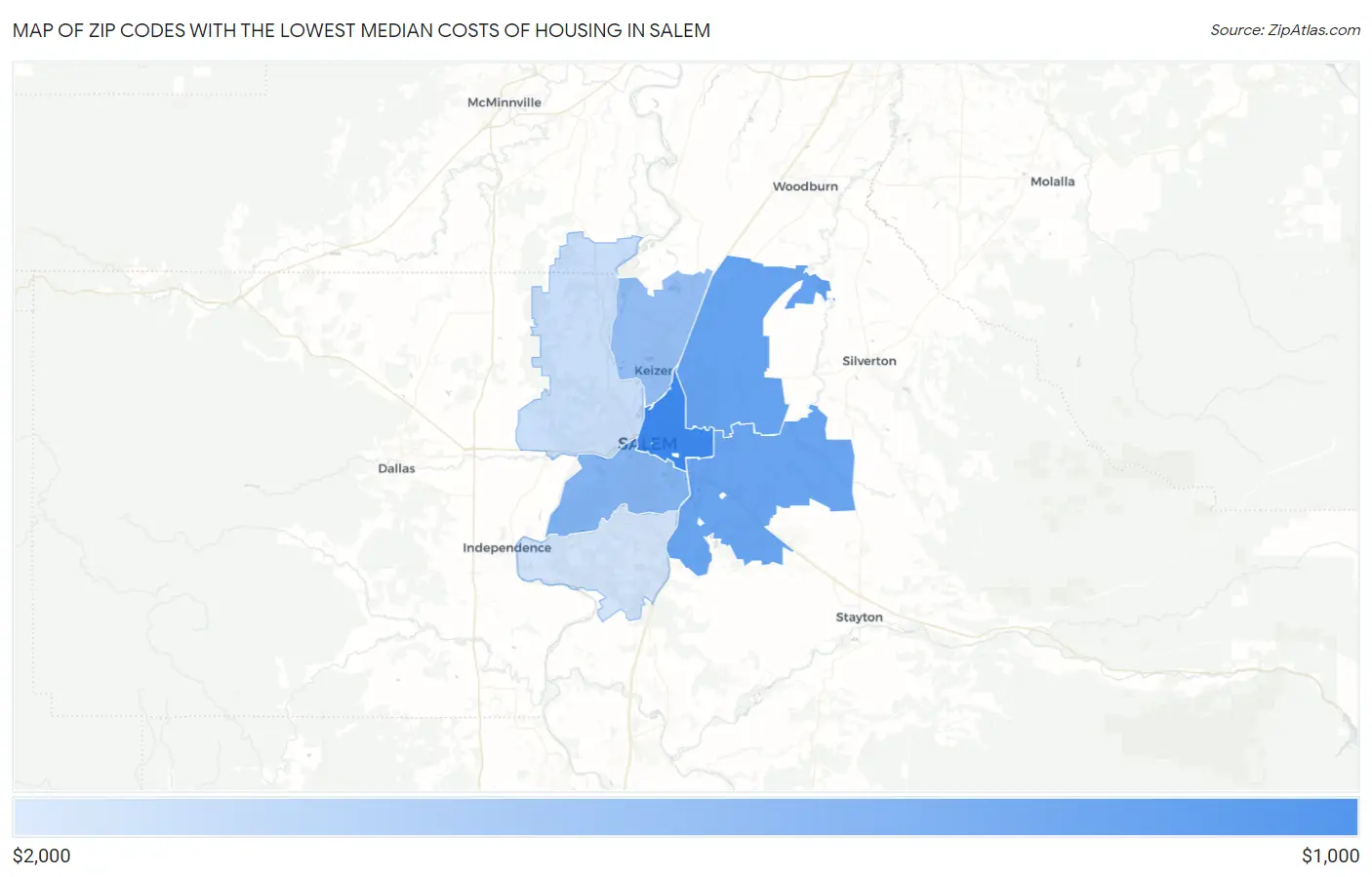 Zip Codes with the Lowest Median Costs of Housing in Salem Map