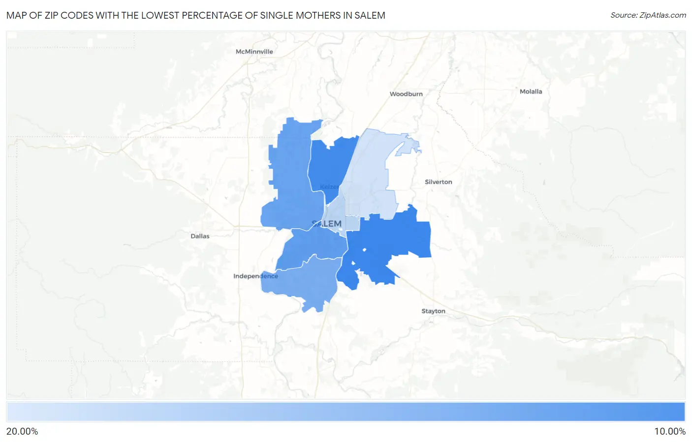 Zip Codes with the Lowest Percentage of Single Mothers in Salem Map