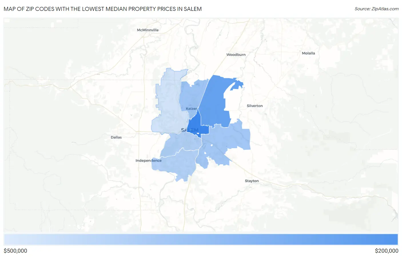 Zip Codes with the Lowest Median Property Prices in Salem Map