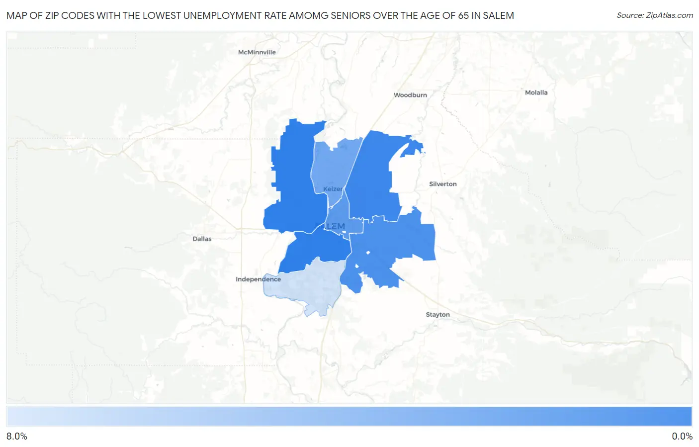 Zip Codes with the Lowest Unemployment Rate Amomg Seniors Over the Age of 65 in Salem Map