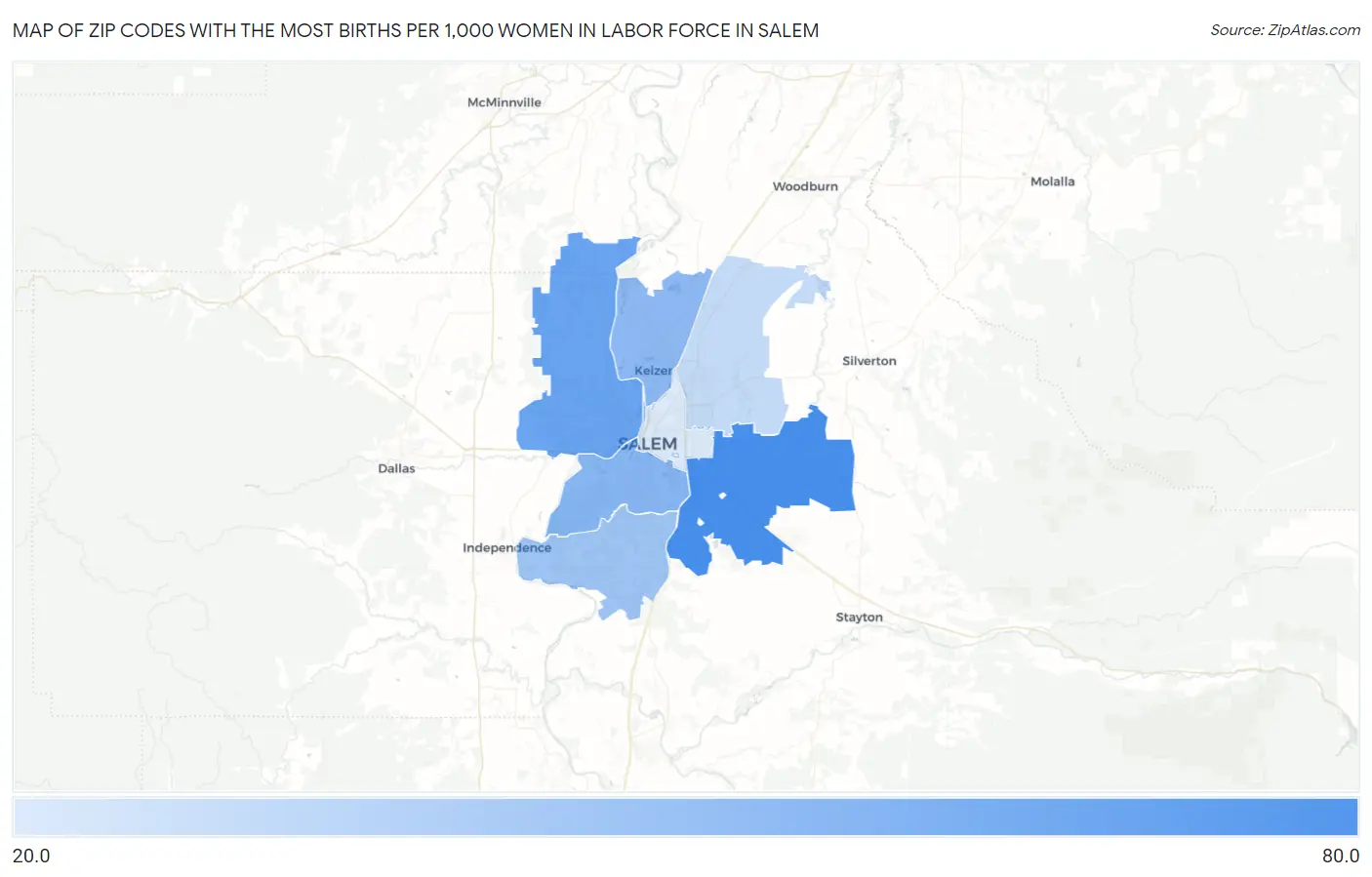 Zip Codes with the Most Births per 1,000 Women in Labor Force in Salem Map
