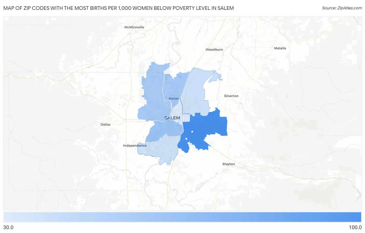 Zip Codes with the Most Births per 1,000 Women Below Poverty Level in Salem Map