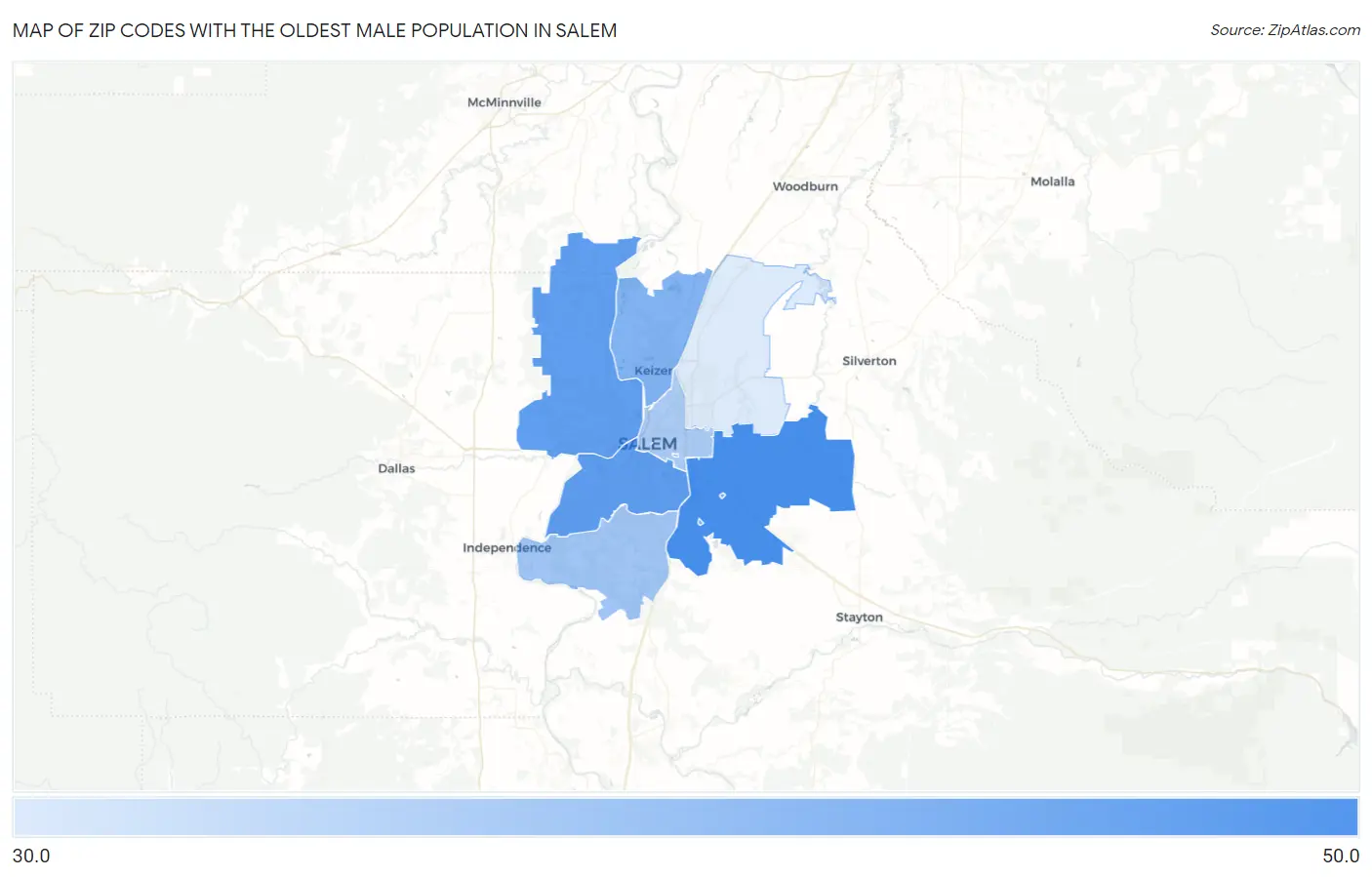 Zip Codes with the Oldest Male Population in Salem Map