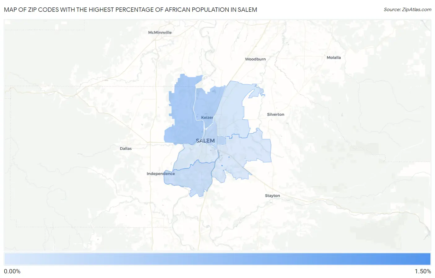Zip Codes with the Highest Percentage of African Population in Salem Map