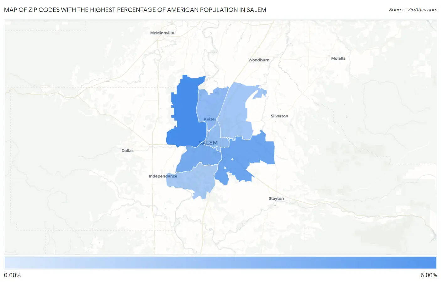 Zip Codes with the Highest Percentage of American Population in Salem Map