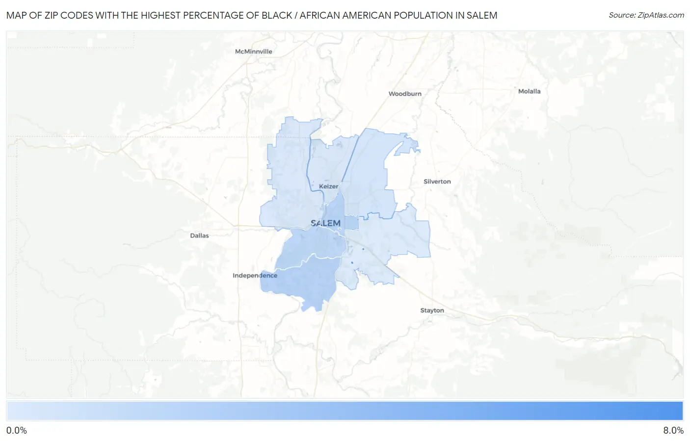 Zip Codes with the Highest Percentage of Black / African American Population in Salem Map