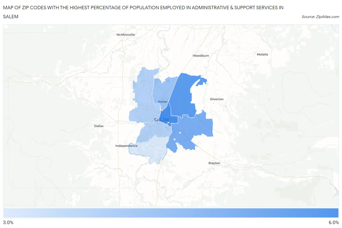 Zip Codes with the Highest Percentage of Population Employed in Administrative & Support Services in Salem Map