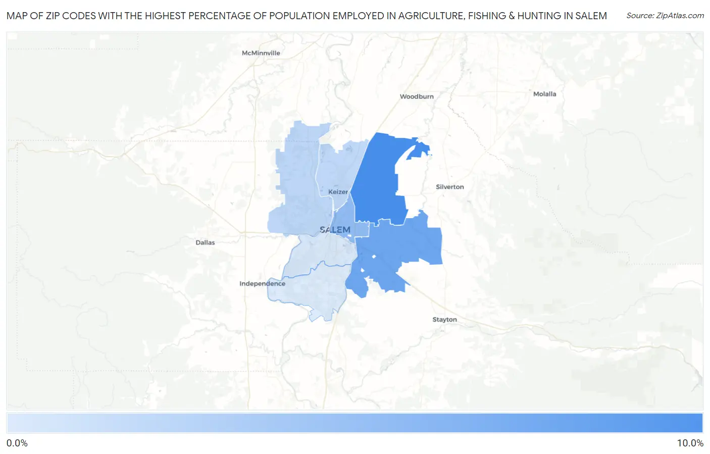 Zip Codes with the Highest Percentage of Population Employed in Agriculture, Fishing & Hunting in Salem Map