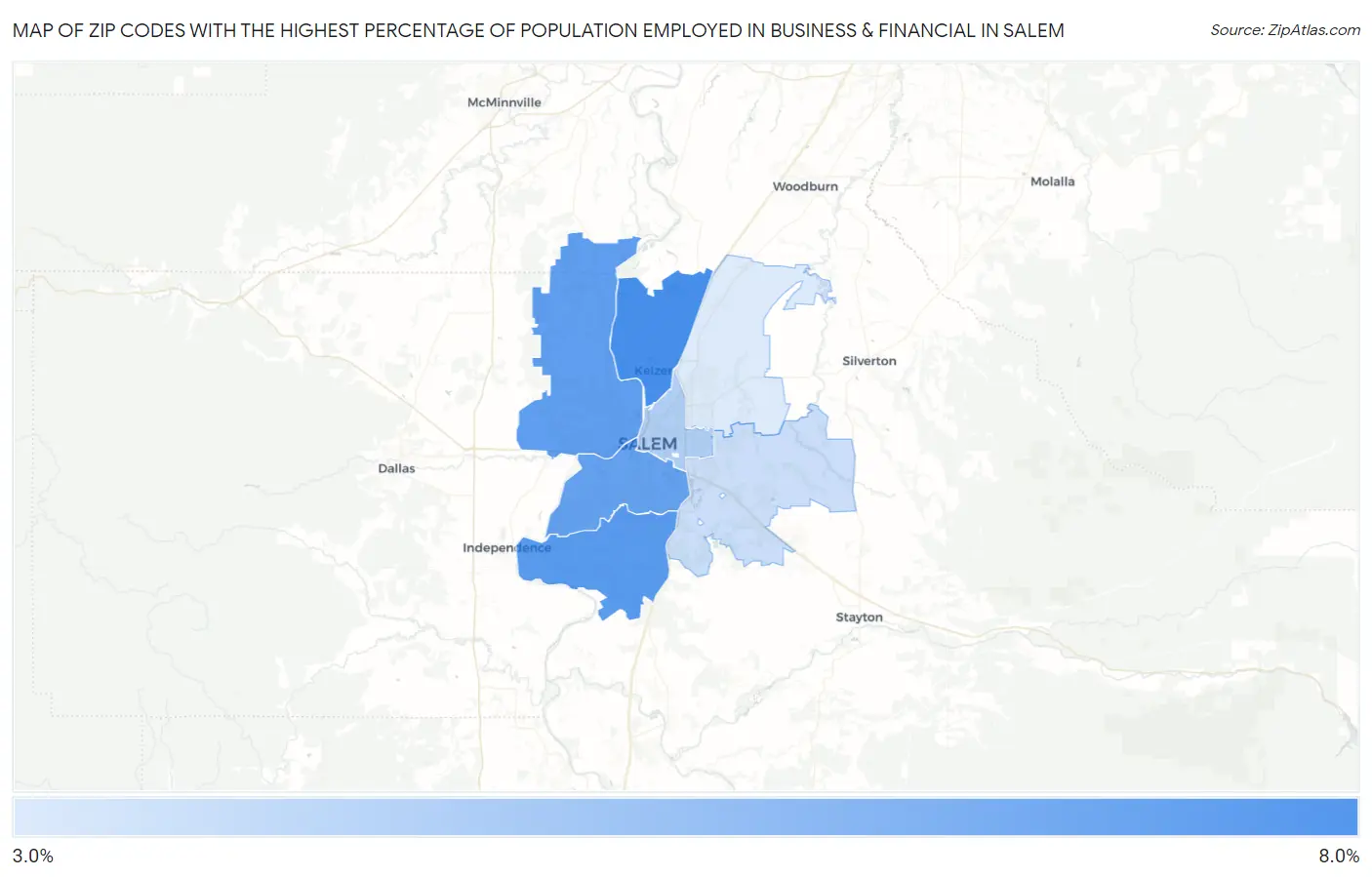 Zip Codes with the Highest Percentage of Population Employed in Business & Financial in Salem Map