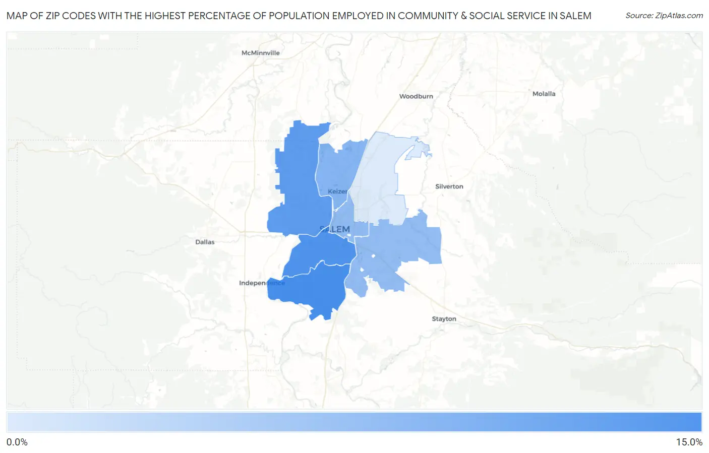 Zip Codes with the Highest Percentage of Population Employed in Community & Social Service  in Salem Map