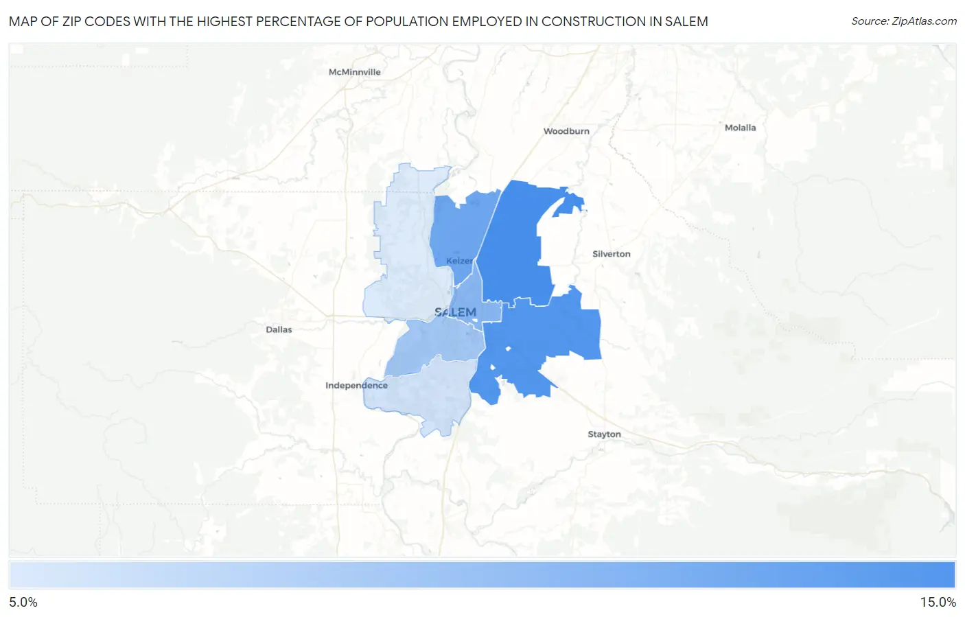 Zip Codes with the Highest Percentage of Population Employed in Construction in Salem Map