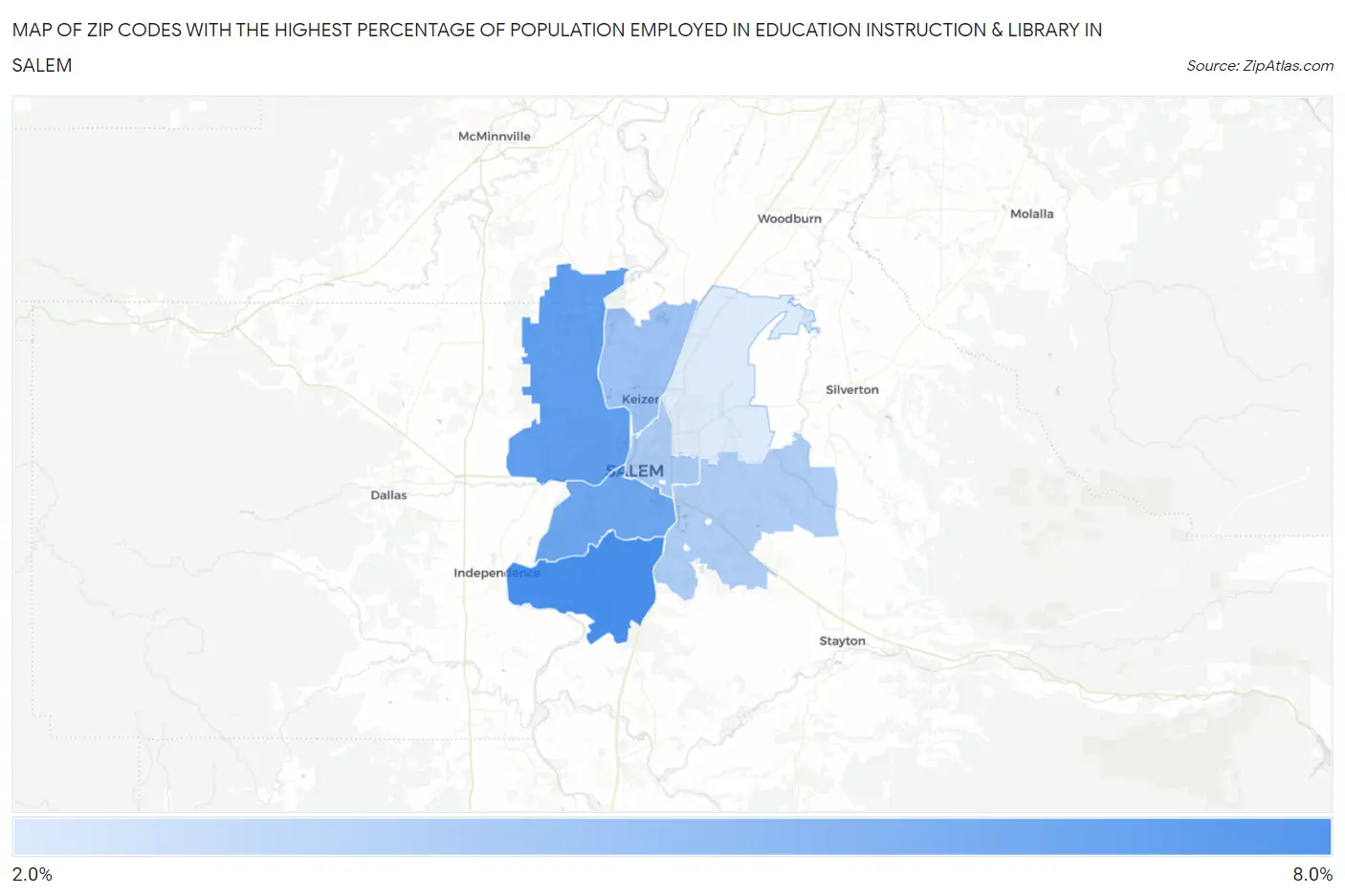 Zip Codes with the Highest Percentage of Population Employed in Education Instruction & Library in Salem Map