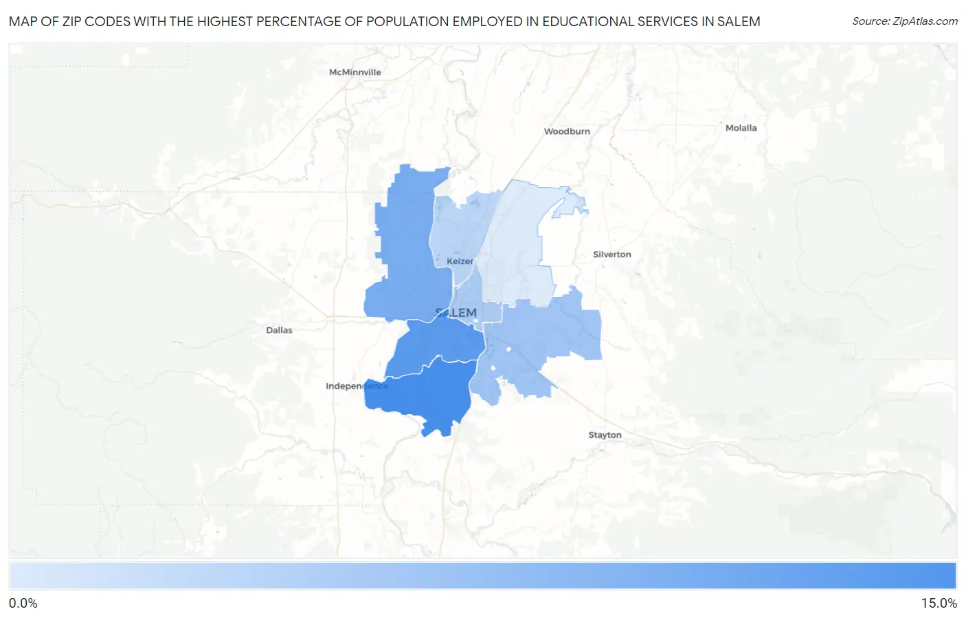 Zip Codes with the Highest Percentage of Population Employed in Educational Services in Salem Map