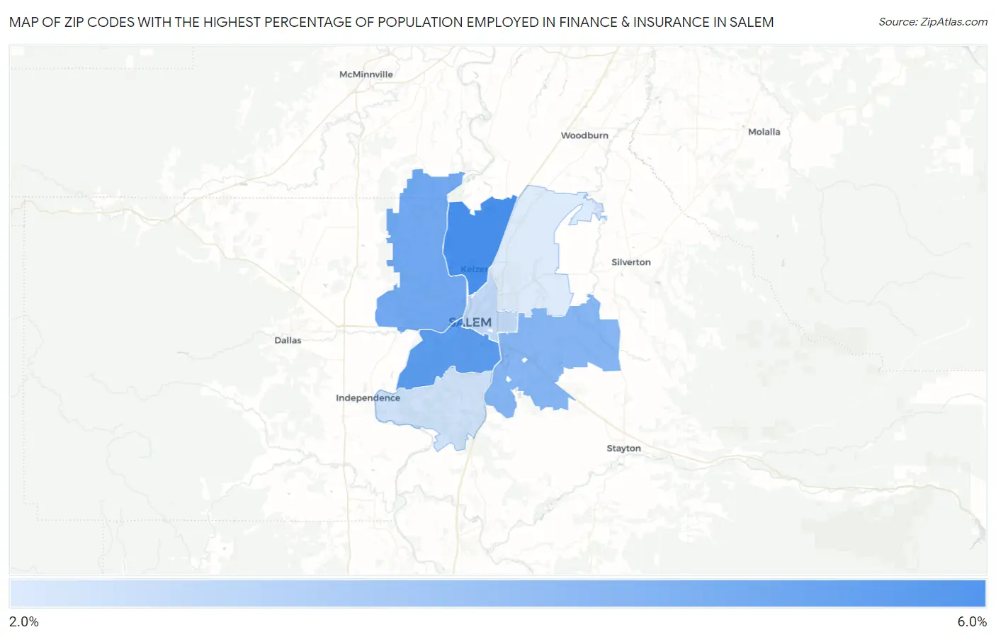 Zip Codes with the Highest Percentage of Population Employed in Finance & Insurance in Salem Map