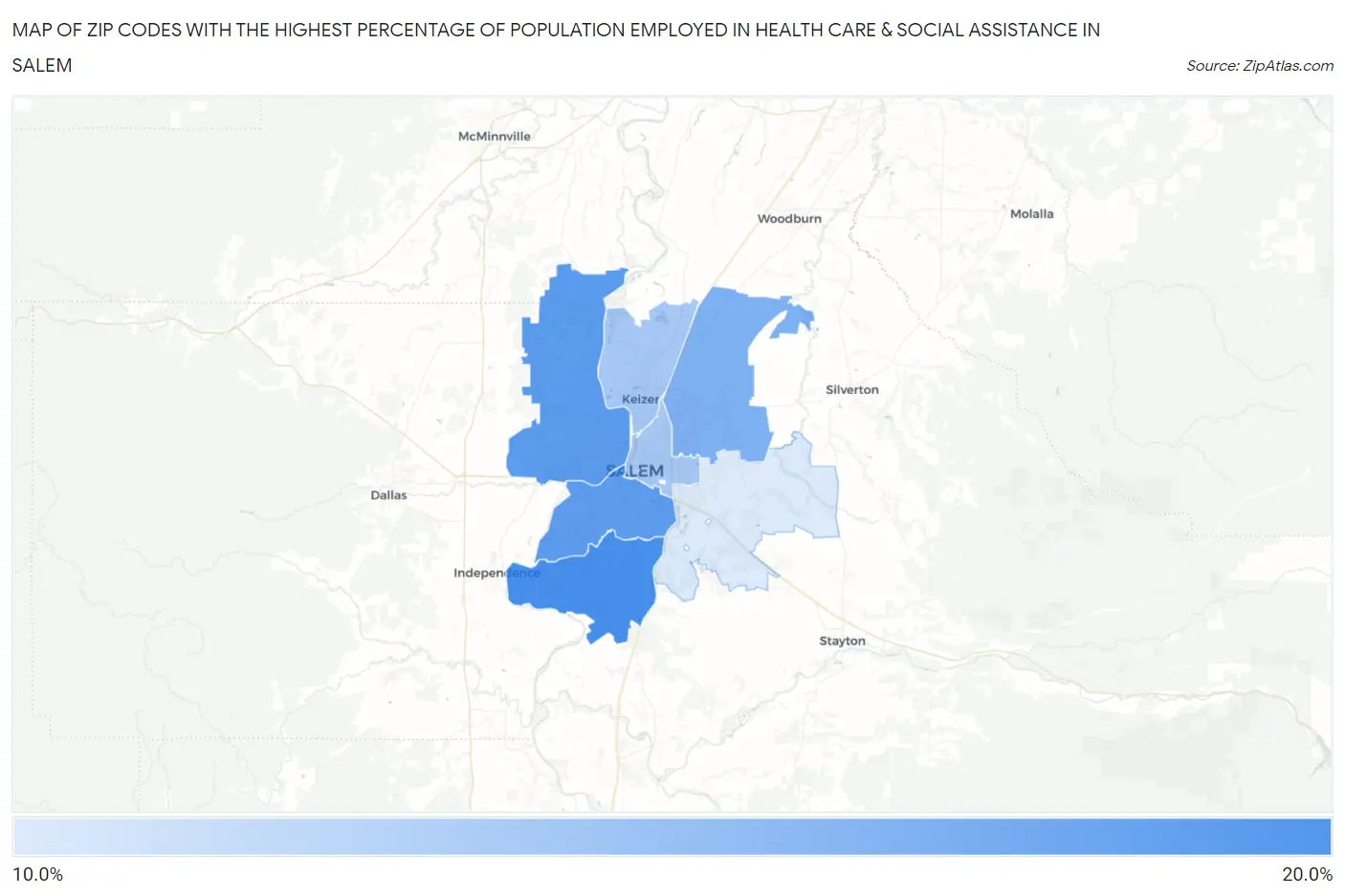 Zip Codes with the Highest Percentage of Population Employed in Health Care & Social Assistance in Salem Map