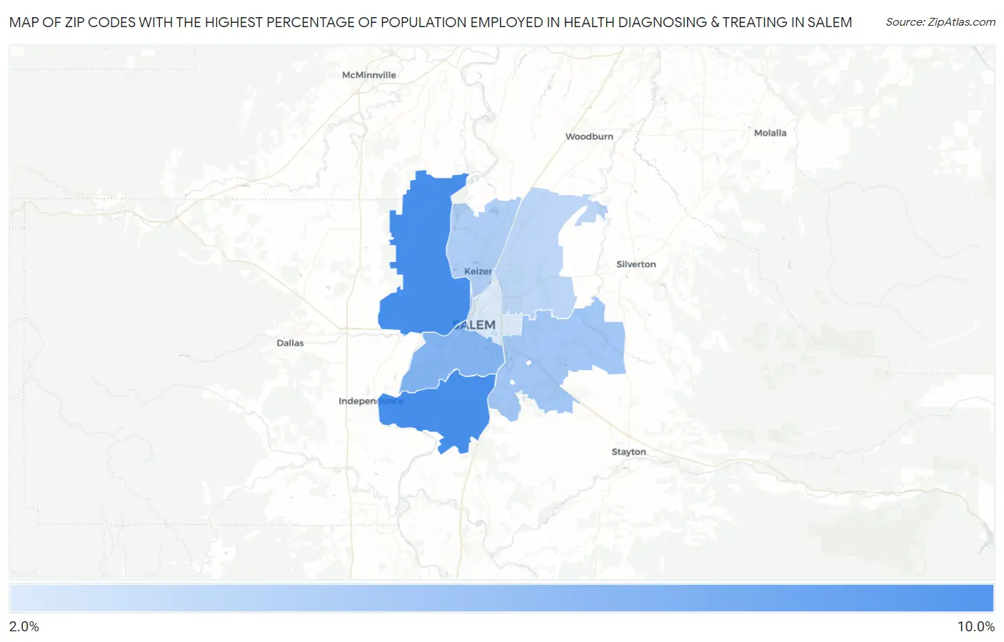Zip Codes with the Highest Percentage of Population Employed in Health Diagnosing & Treating in Salem Map