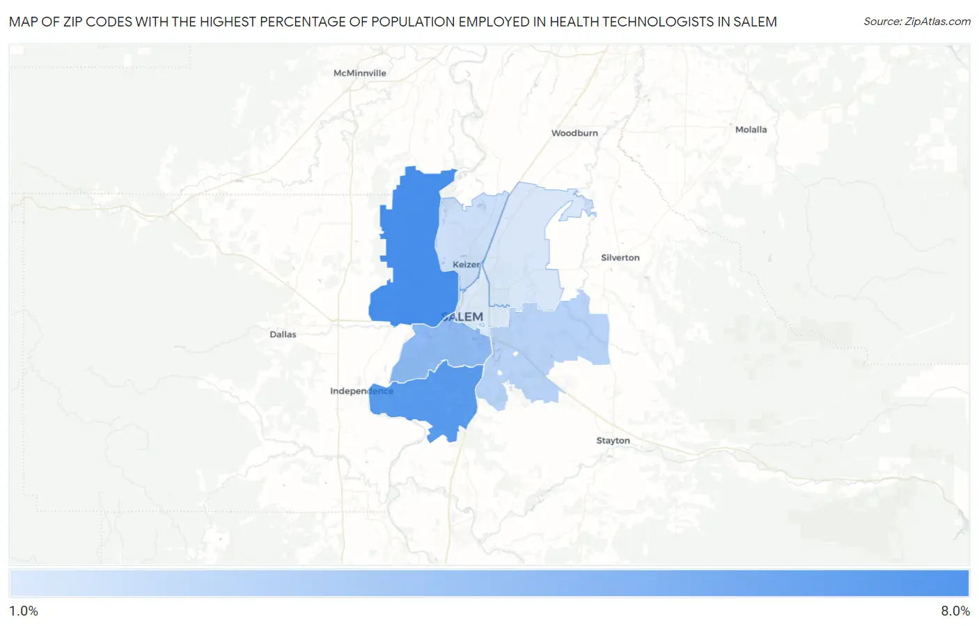 Zip Codes with the Highest Percentage of Population Employed in Health Technologists in Salem Map