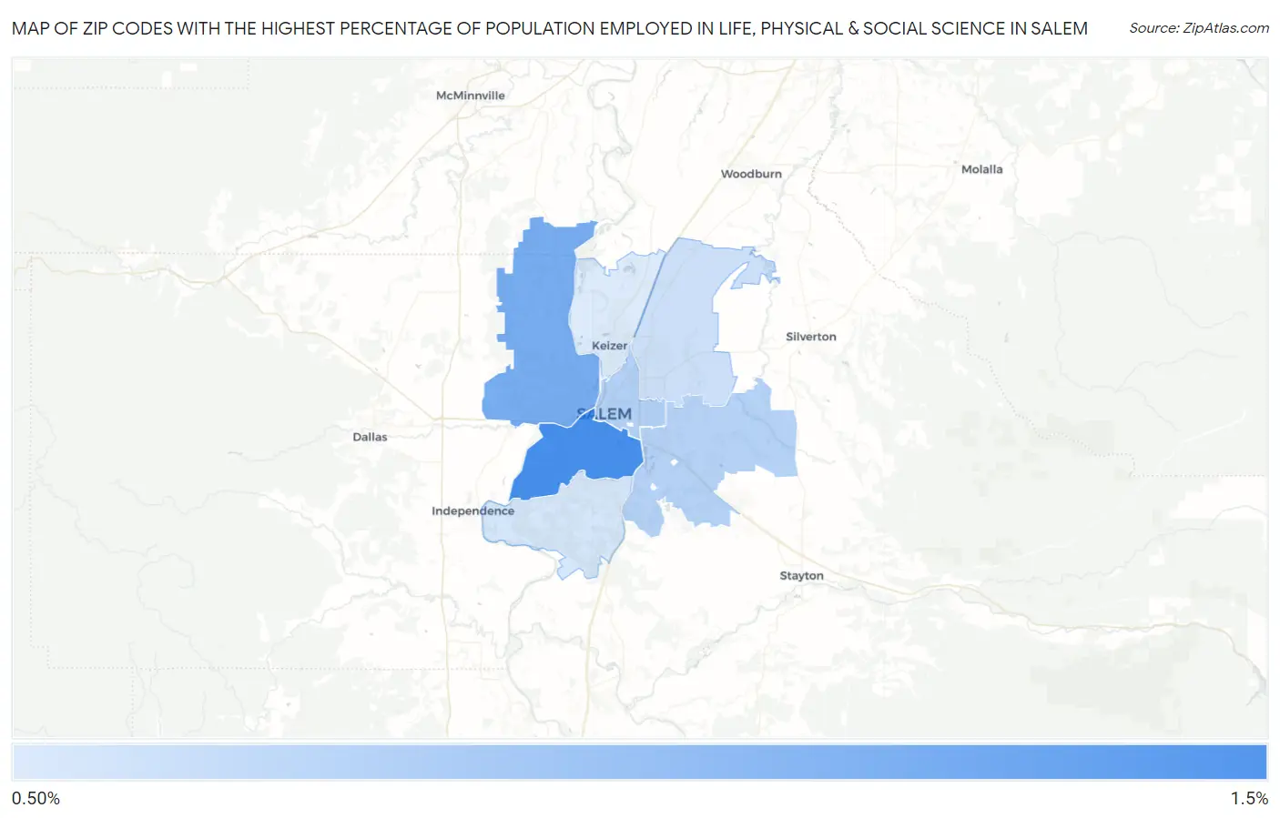 Zip Codes with the Highest Percentage of Population Employed in Life, Physical & Social Science in Salem Map